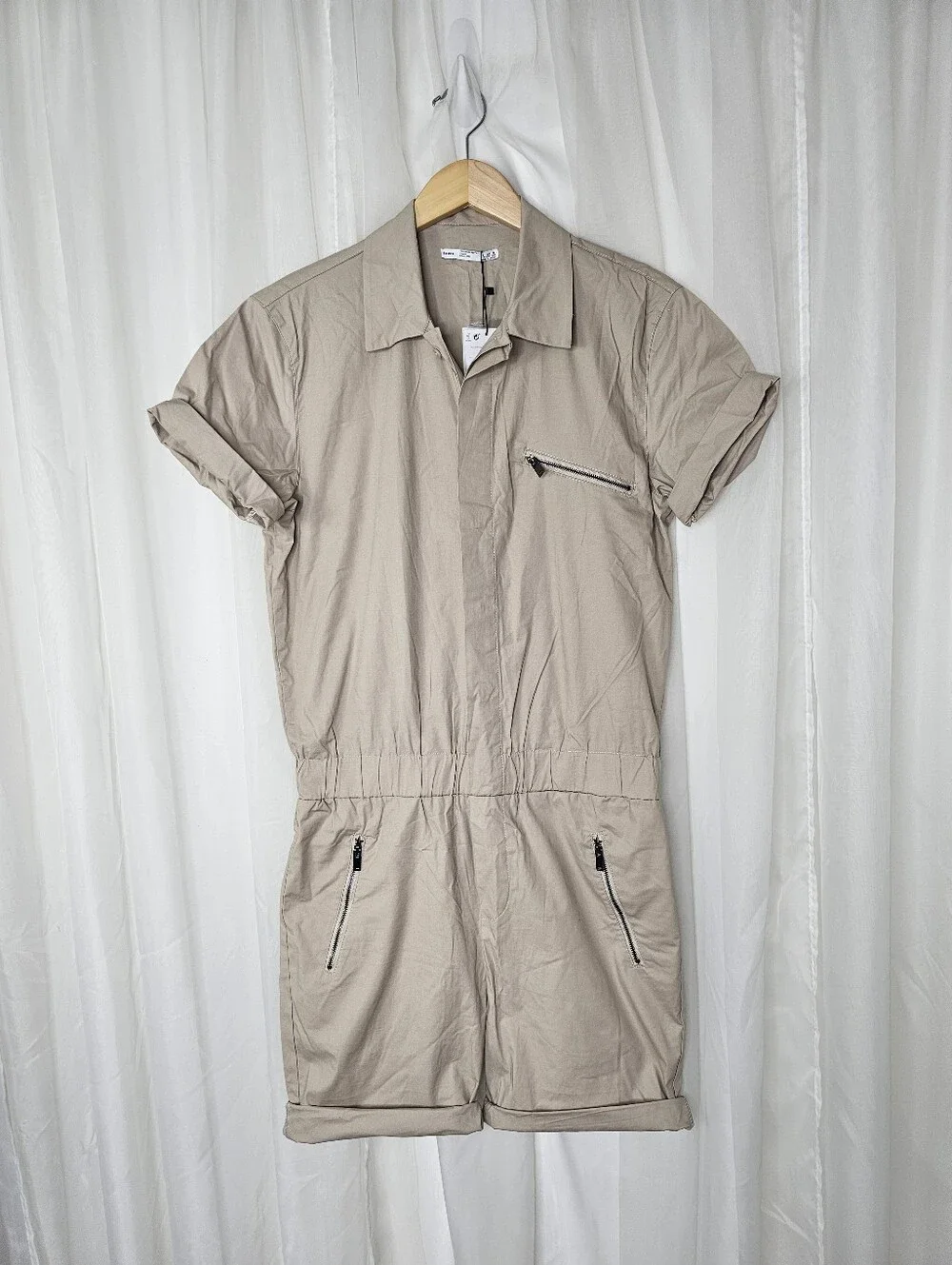 Bershka Menswear Utility Shorts Coverall Jumpsuit Shortall Tan Khaki Small NEW